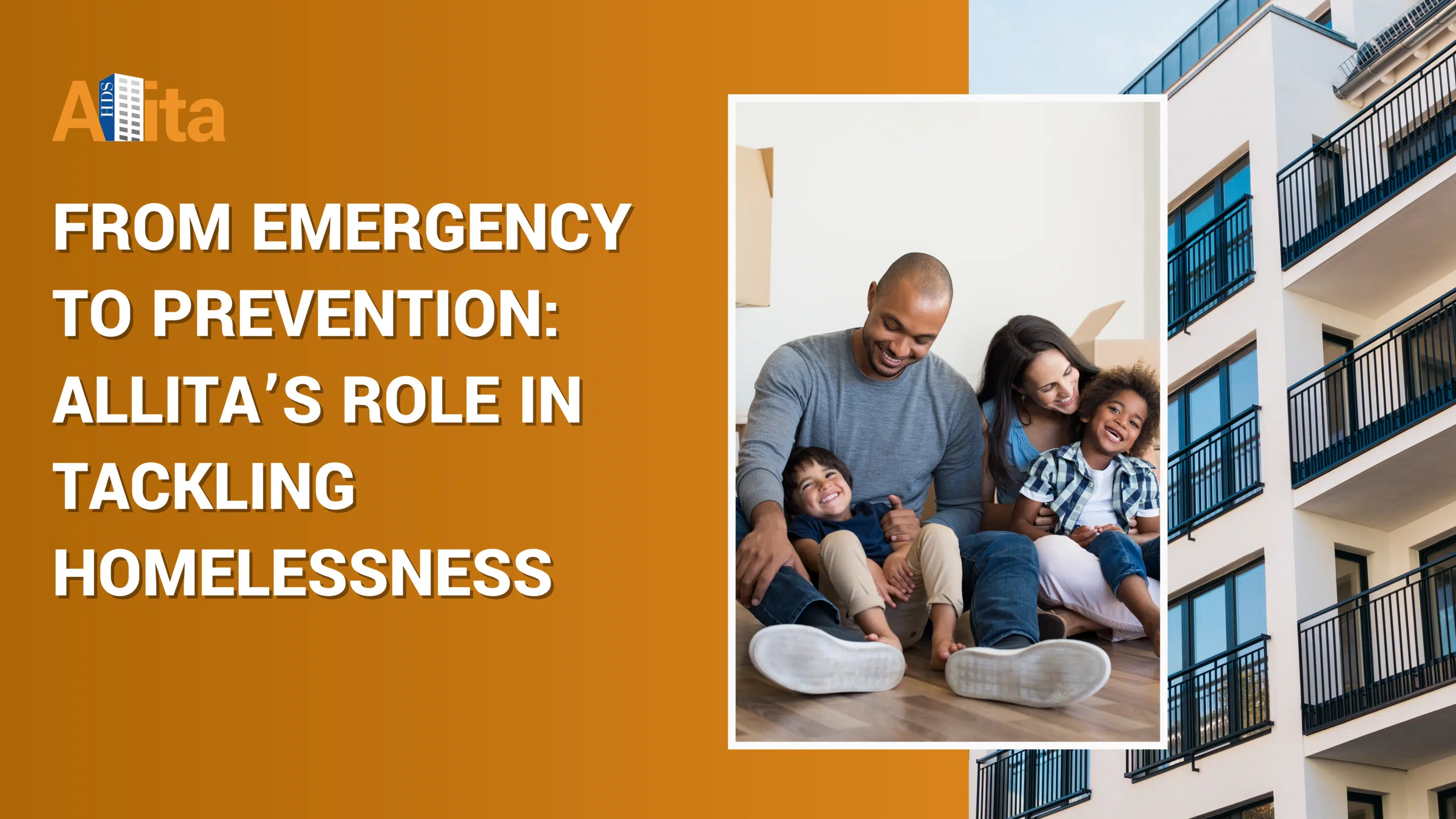 Happy family in a living room, smiling and sitting together, with an image of parents behind them. The scene symbolizes stability and support in tackling homelessness through prevention.